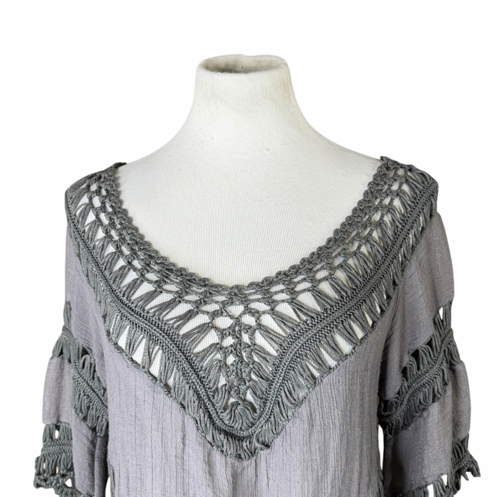 Dreamers Dark Gray Crochet & Gauze Boho Fringe Tunic Blouse - Size Medium - Picture 4 of 14